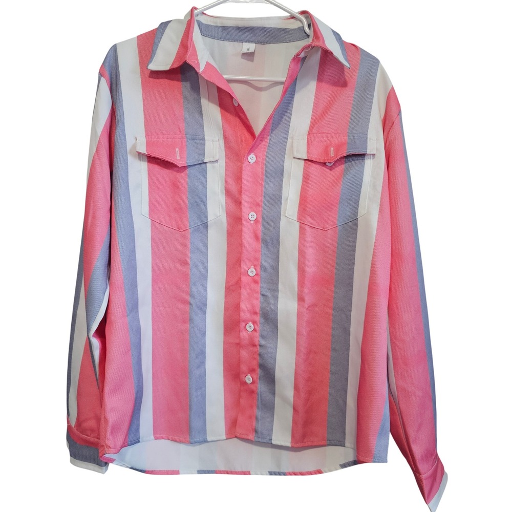Pink White Blue Vertical Stripe‎ Button Up Long Sleeve Shirt Small Pockets